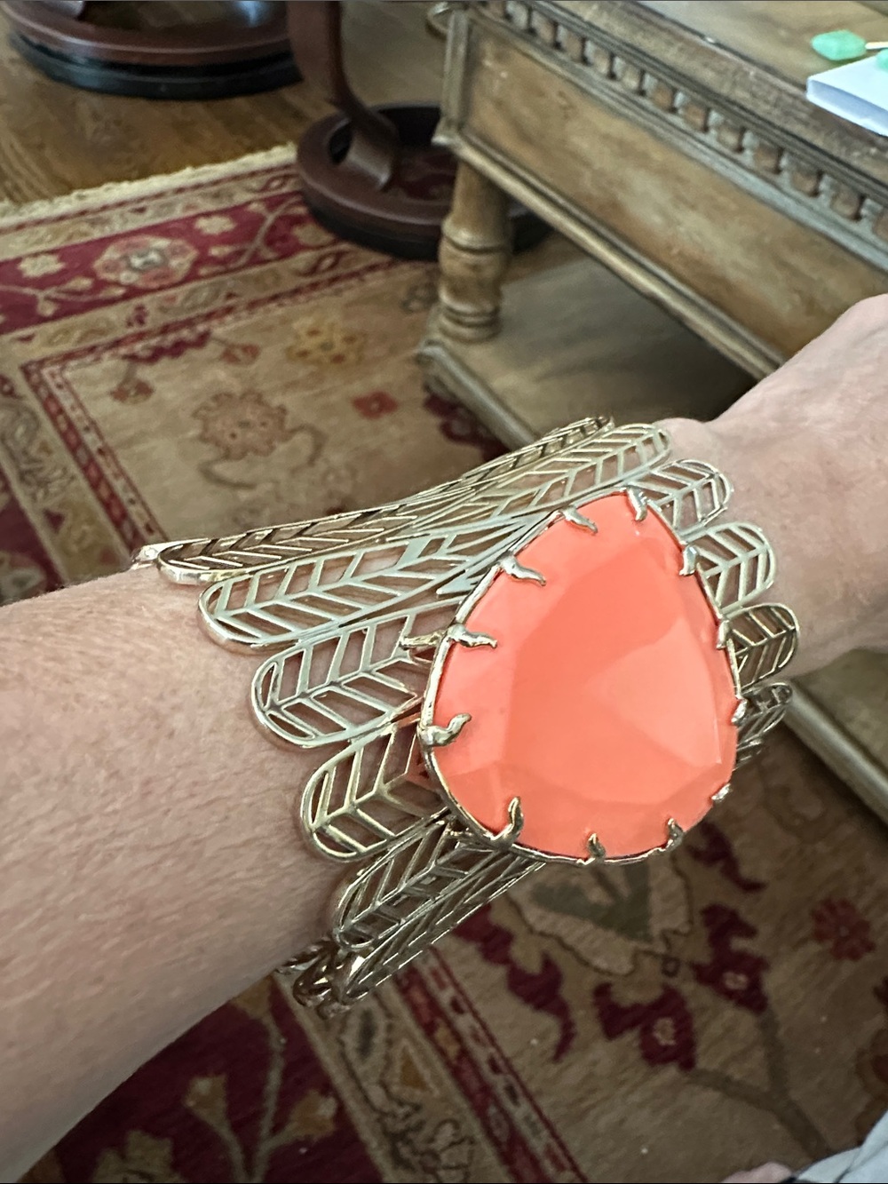 Kendra Scott Gold Cuff Bracelet with Coral Orange Teardrop Stone